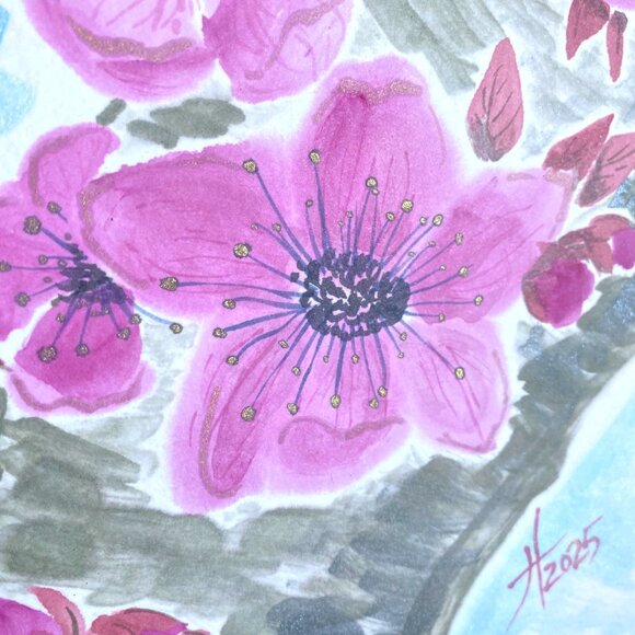 Art Original Sakura on a Trunk Flower Watercolor Painting 11x14in Matted - Picture 6 of 13